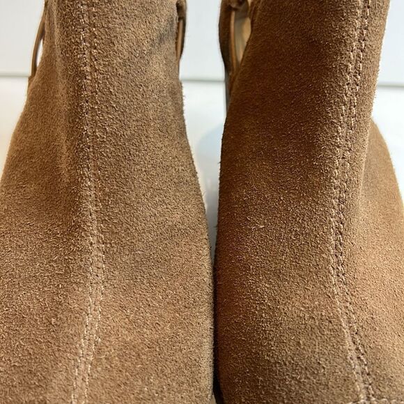 Lucky Brand Reevas Peep Toe Wedge Camel Suede Booties Size 8.5 - Picture 9 of 14